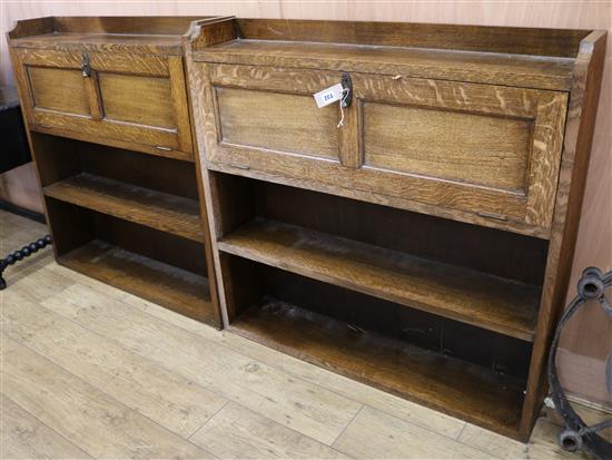 Two oak fall front desks W.99.5cm and 107cm